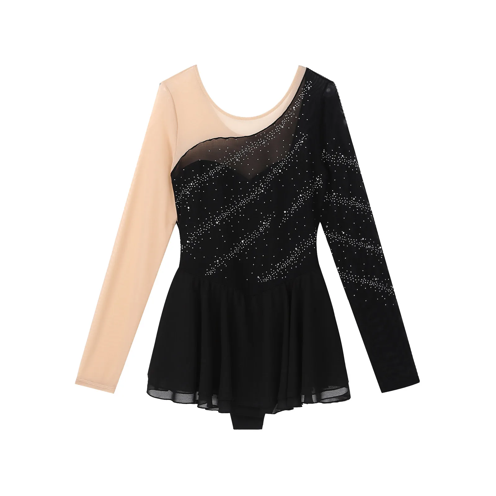 Women Long Sleeve Figure Skating Dress Sheer Mesh Rhinestone Ice Ballet Dance Leotard Dresses Stage Performance Clothing