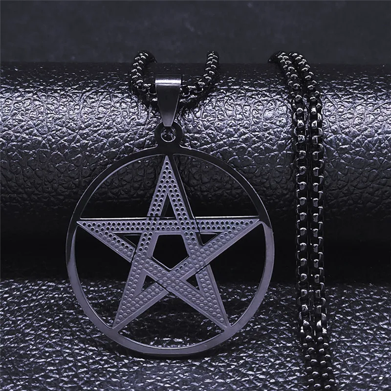 Divination Witchcraft Pentagram Stainless Steel Round Long Chain Necklace for Men/Women Black Color Jewelry colier homme N1112