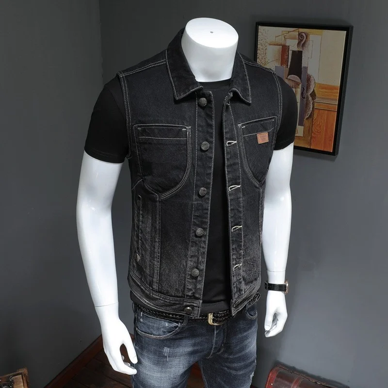 Denim Mens Vest Motorcycle Sleeveless Black Coat Single Breasted Vintage Waistcoat Jacket Male New Slim Fit Casual Top Outerwear