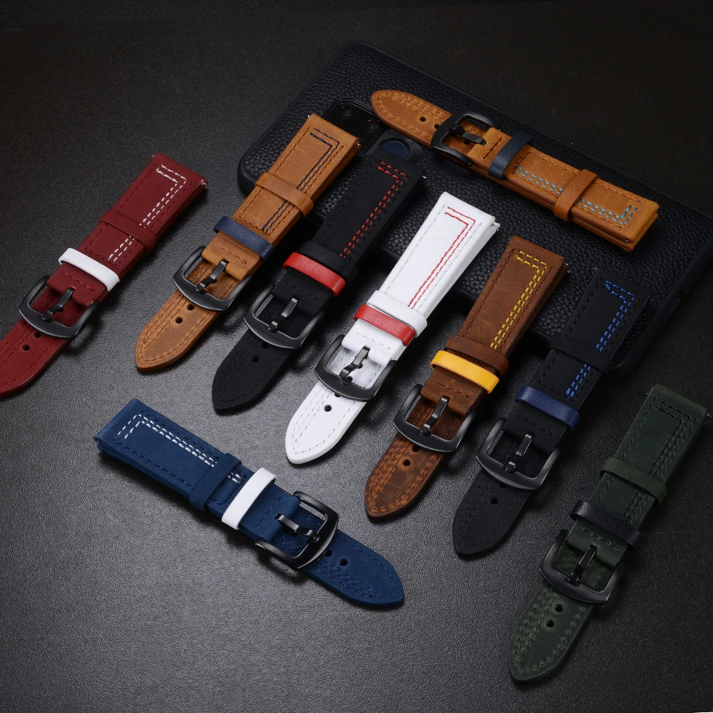 Vintage Genuine Leather Watchbands Samsung Galaxy, Garmin Huawei Bands 22mm 20mm Women Men Cowhide Watch Band Strap Watchband