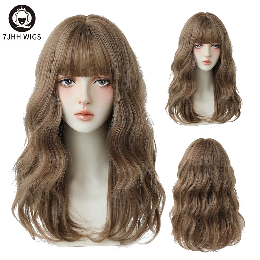 7JHH WIGS Long Wavy Synthetic Wigs With  Blend Fluffy Bangs Brown For Women\'s Daily Wear Four Seasons Heat-Resistant Hair Toupee