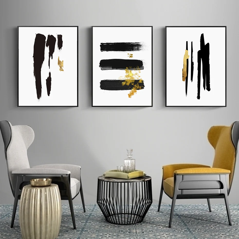 Modern Abstract Black Gold Brush Stroke Ink Minimalist Canvas Painting Wall Art Poster Print Picture Living Room Home Decoration