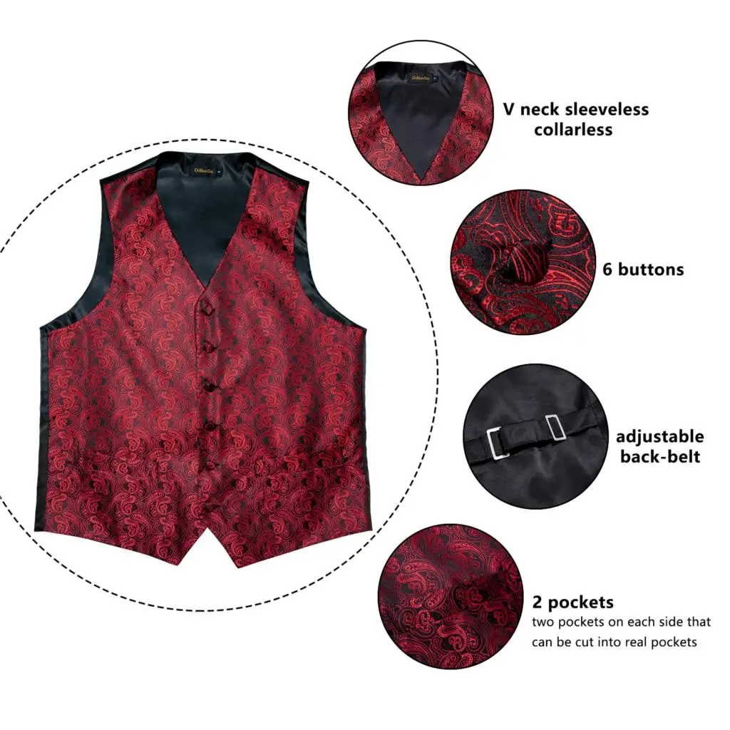 Mannen Classic Party Wedding Zijde Vest Paisley Jacquard Vest Vest Rode Pocket Vierkante Tie Ring Manchetknopen Pak Set Dibangu