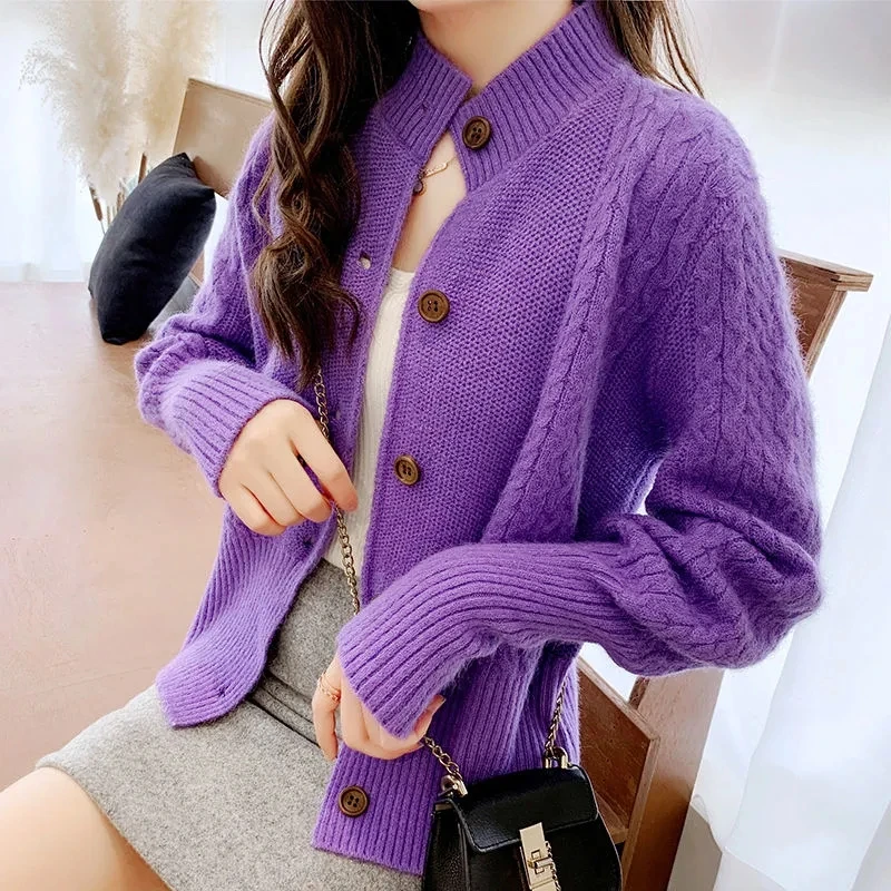 Vintage Women Small Cardigan Korean Style Slim Short Knitted Sweater Spring Autumn Screw Thread Long Sleeve Basic Casual Coat