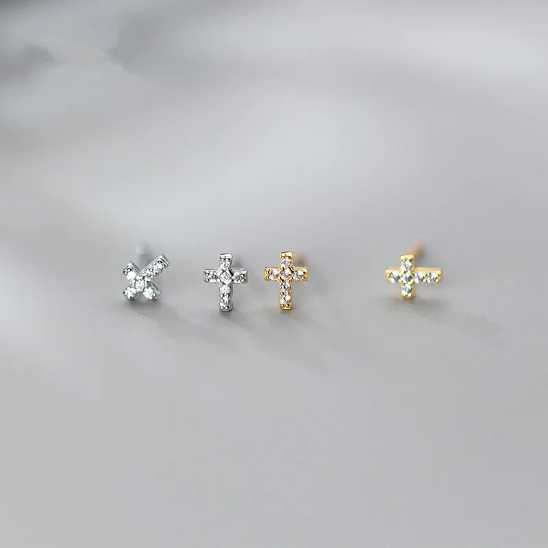 WOOZU Real 925 Sterling Silver Mini Simple Cross Zircon Stud Earrings For Women Party Korean Punk Jewelry Gift Accessories