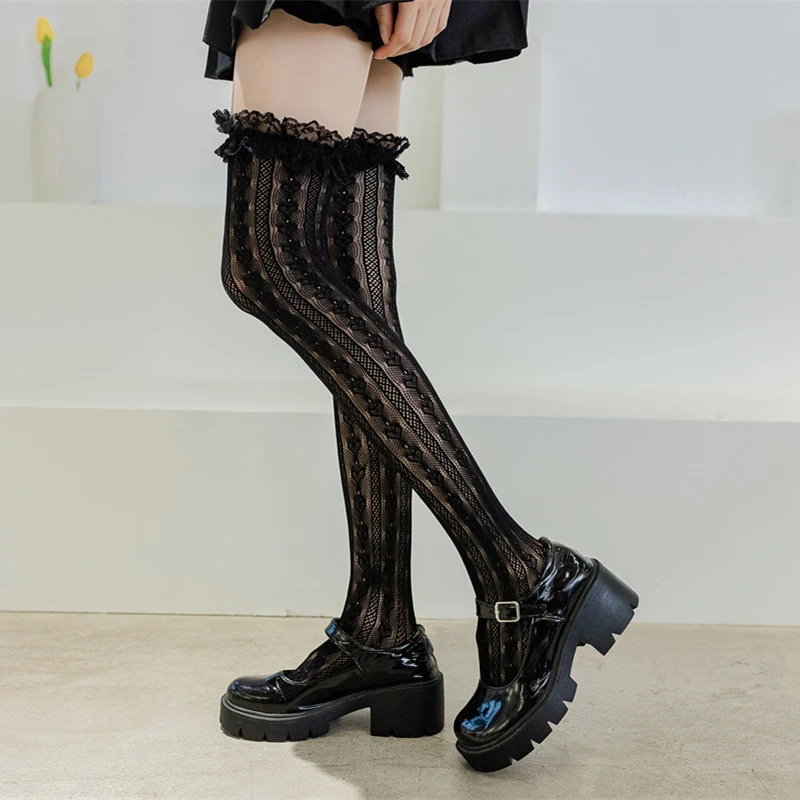 Black And White Lace Lolita High Tube Thigh Knee Socks Female Cute Long Tube Love Lace Japanese College Style Stocking