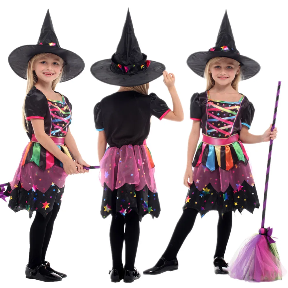 

Kids Girls Rainbow Witch Dress Costume with Hat New Year Christmas Carnival Halloween Children Magician Wizard Cosplay Clothes