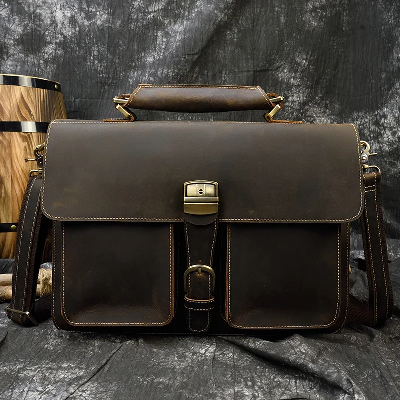 Luksusowa moda 100% prawdziwej skóry mężczyzna teczki krowa skórzana torba na laptopa torba torebka Vintage na ramię prawdziwa skóra bydlęca torba na komputer 15.6"