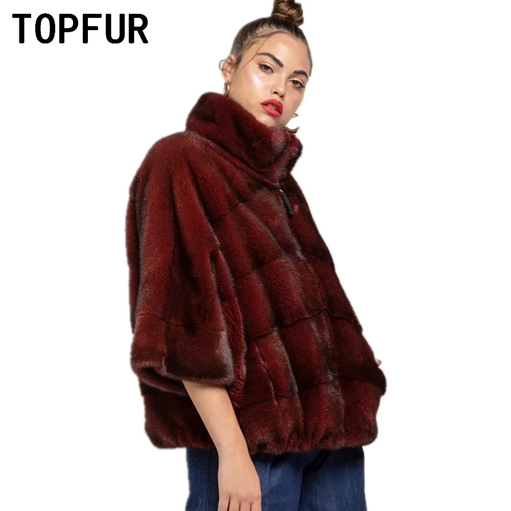 TOPFUR Stand Collar Half Sleeve Jacket Women Winter Luxury Genuine Fur Outertwear 2022 New Solid Warm Casual Fur Coat Female