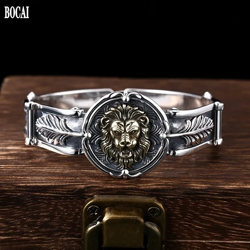BOCAI New Real Pure s925 Sterling Silver Bracelets for Men Relief Lion Pattern Punk Charms Bangle Fine Choice Jewelry