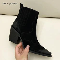 Hot Sale Real Cow Leather Suede Western Ankle Boots Women Point Toe Kitten Heels Short Boots Winter Cowboy Knight Boots Woman