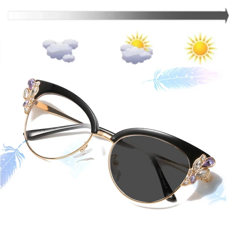 

Women Diamond Oversized Nearsighted Cat Eye Sun Photochromic Myopia Glasses Shade Sun Eyeglasses