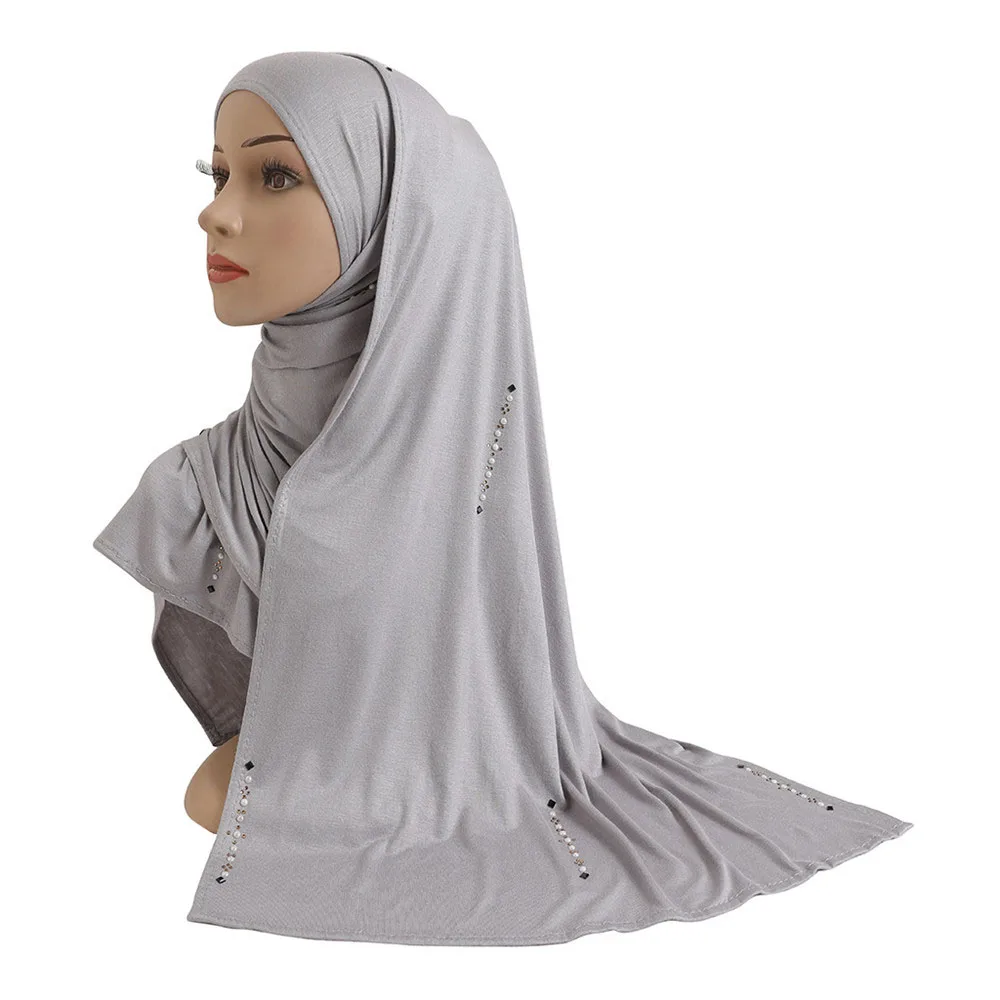 Katun Jersey Wanita Muslim Syal Panjang dengan Rhinestones Modal Jilbab Islami Jilbab Memakai Arab Persegi Panjang Headwrap Wanita Selendang