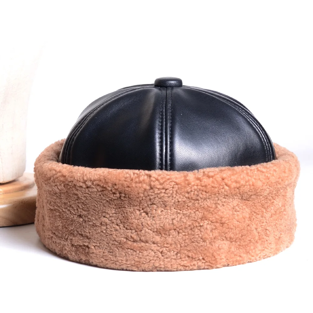 Men\'s Women\'s Real Leather Real Fur Winter Warm Thick lining Skullcap Beanies Beret Round Hat Brimless Caps/Hats