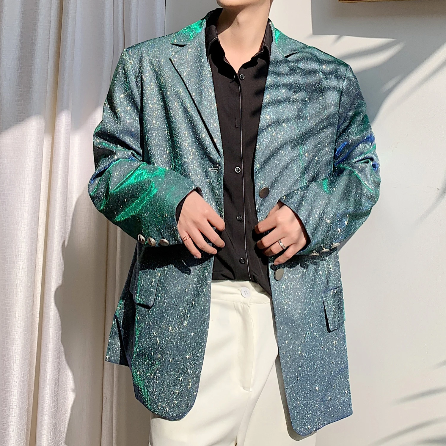 

Hombre Casual Blazer Jacket Overcoat Male Vintage Fashion Suit Coat Outerwear Stage Show Clothes Men Blue-green Shining