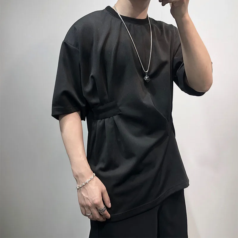 Men's new classic simple Korean version of the asymmetric folding waist overlay design loose round collar T-shirt in large size