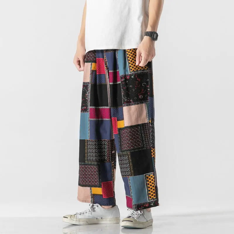 Harajuku Style Men's Harem Pants Fashion Wide Leg Straight Casual Patchwork Pants Male Loose Streetwear Trousers M-3XL