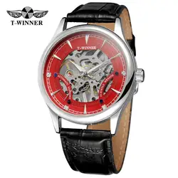 T-WINNER fashion casual men's watch red dial silver case black leather strap automatic mechanical watch