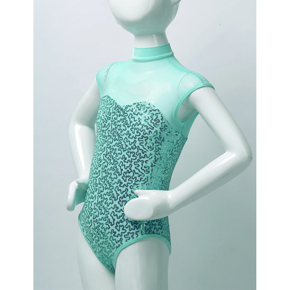 Gymnastics Leotard for Girls Ballet Tutu Sparkly Sequins Sleeveless Mock Neck Tulle Splice Keyhole Back Ballet Dance Jumpsuit