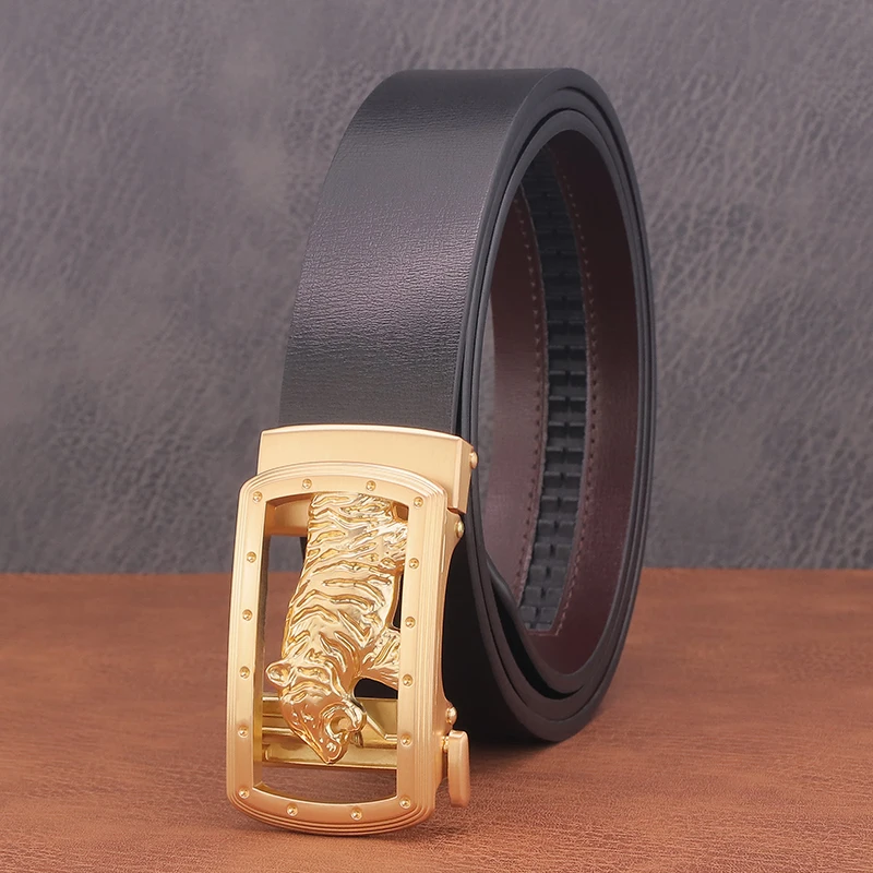 Tiger Belt Men\'s Luxury Leather Automatic Buckle Designer Fashion Black Belt Genuine Men\'s Casual Belt High Quality