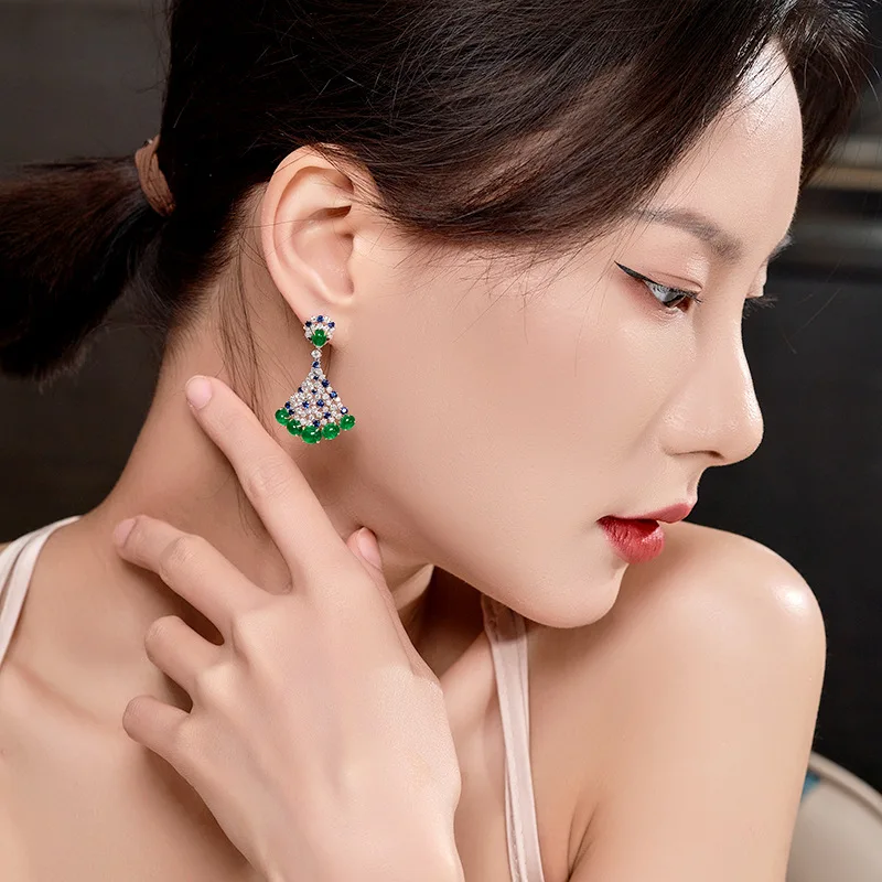 High Quality Silver Color Imitated Emerald Earring Classic Fan-shaped Temperament Earring Women\'s Valentine Luxury Brand Jewelry