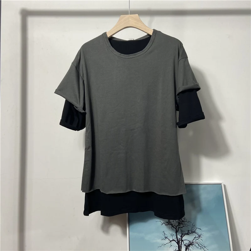 Summer men's dark decadent style round neck short sleeve T-shirt loose pure cotton light version simple fake two piece men's fas