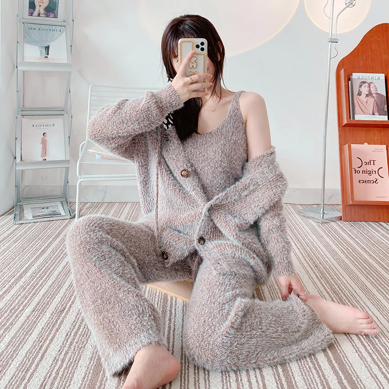 Hooded Cardigan Pajamas 3-Piece Set Soft Imitation Mink Velvet Sleepwear Warm Winter Pijama Thicken Women\'s Home Clothes Pyjamas