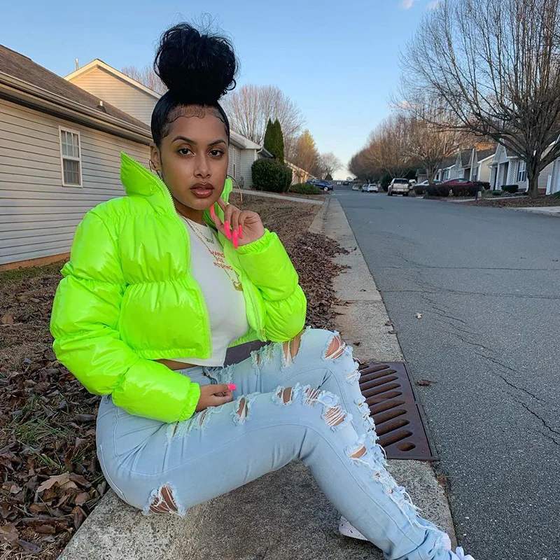 Fashion Cute Women Bright PU Pink Puffer Jacket Winter Warm Bubble Coats Shiny Leather Parkas Down Zipper Cropped Jackets Parkas