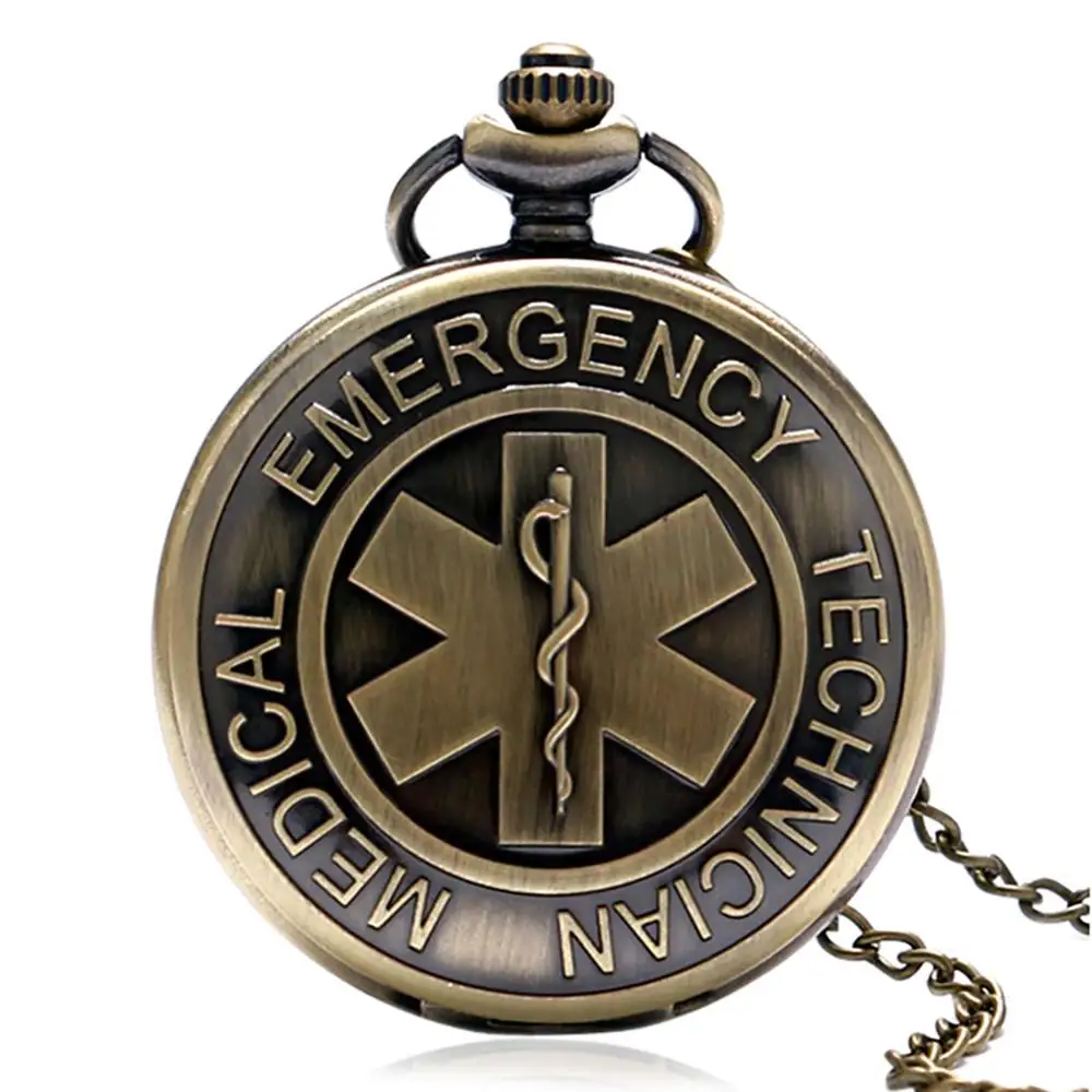 Retro WHO Medical Emergency Technical Design Pocket Watch Men Women Quartz FOB Watches Bronze Necklace Pendant Chain Clock Gift