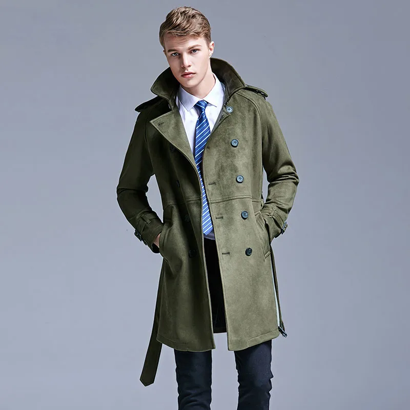 New Minimalist England Fashion Suede Trench Men's Double Breasted Slim Coat Men Solid Color Long Windbreaker 5XL 6XL Jacket