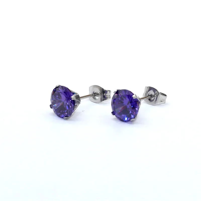 Size 3mm to 8mm 316L Stainless Steel Purple Color Round Zircon Stud Earrings  No Fade Allergy Free Brief Jewelry