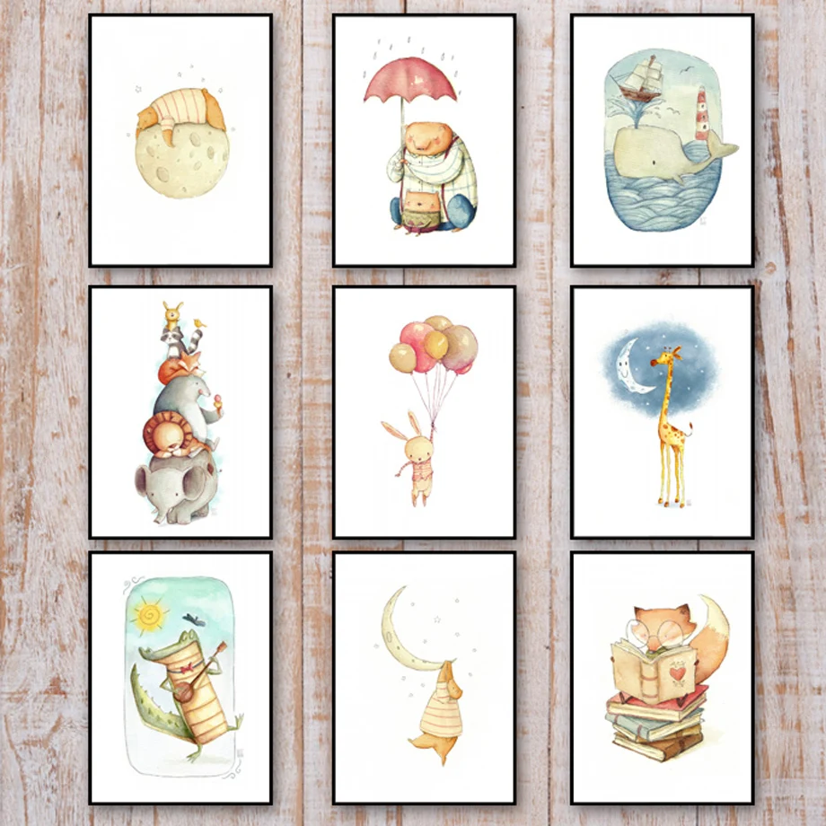 Bear Rabbit Fox Giraffe Lion Cartoon Wall Art Canvas Painting Nordic Posters And Prints Wall Pictures Baby Kids Room Home Decor