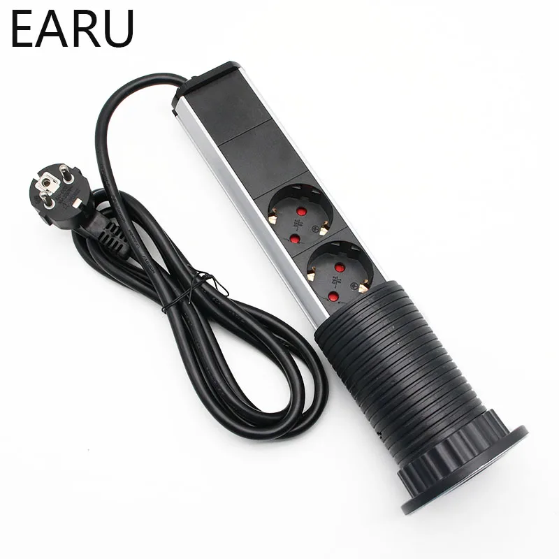 220V 16A PULL POP UP Electrical 3 Plug Socket 2 USB Kitchen Table Plug Sockets Retractable for Countertops Worktop UK/EU/US Plug
