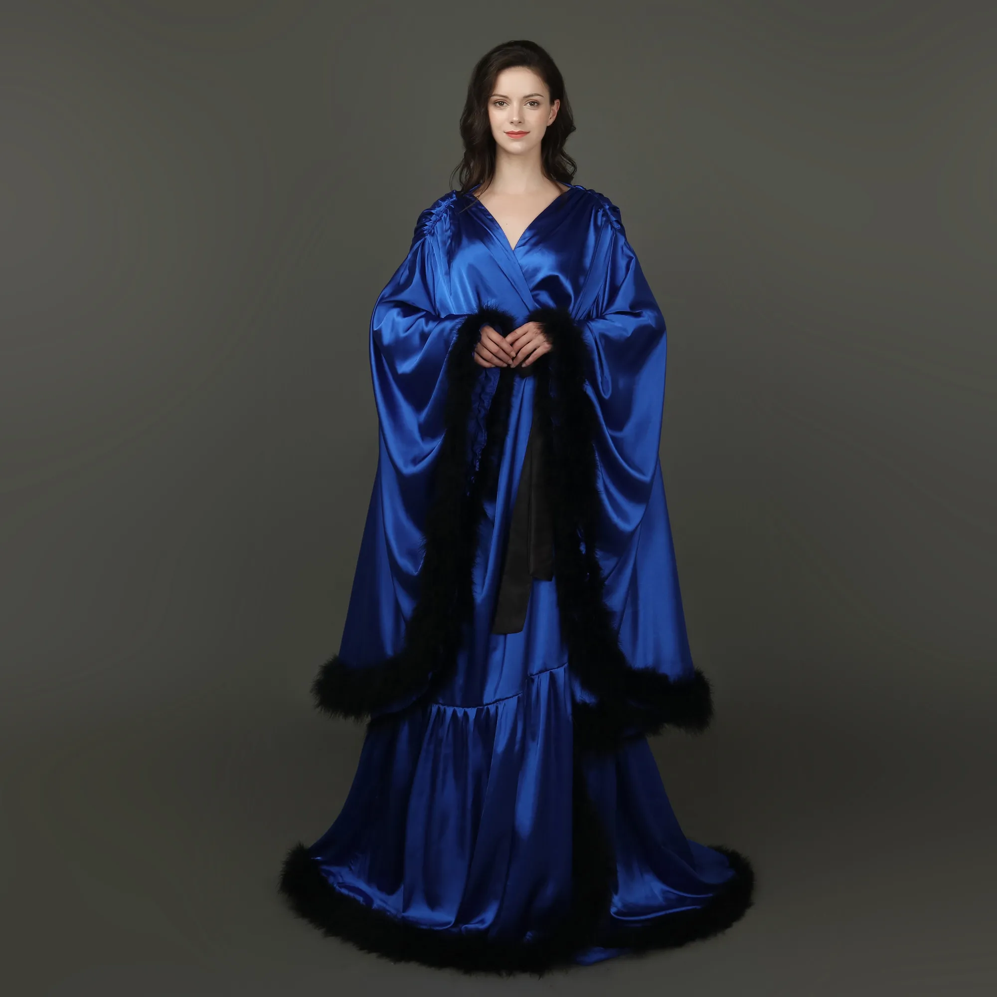 Elegant Baby Shower Pajamas Feather Wedding Shawls Photo Robe With Belt Big Cuffs Night Gown For Women Long Sleeve Custom Made view 2