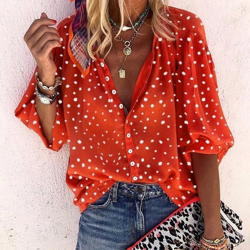 

2022 Wave Dot Snowflake Summer Blouse Women Ladies Printed Three-quarter Sleeves V-neck Loose Fashion Buttons Clothes Loose