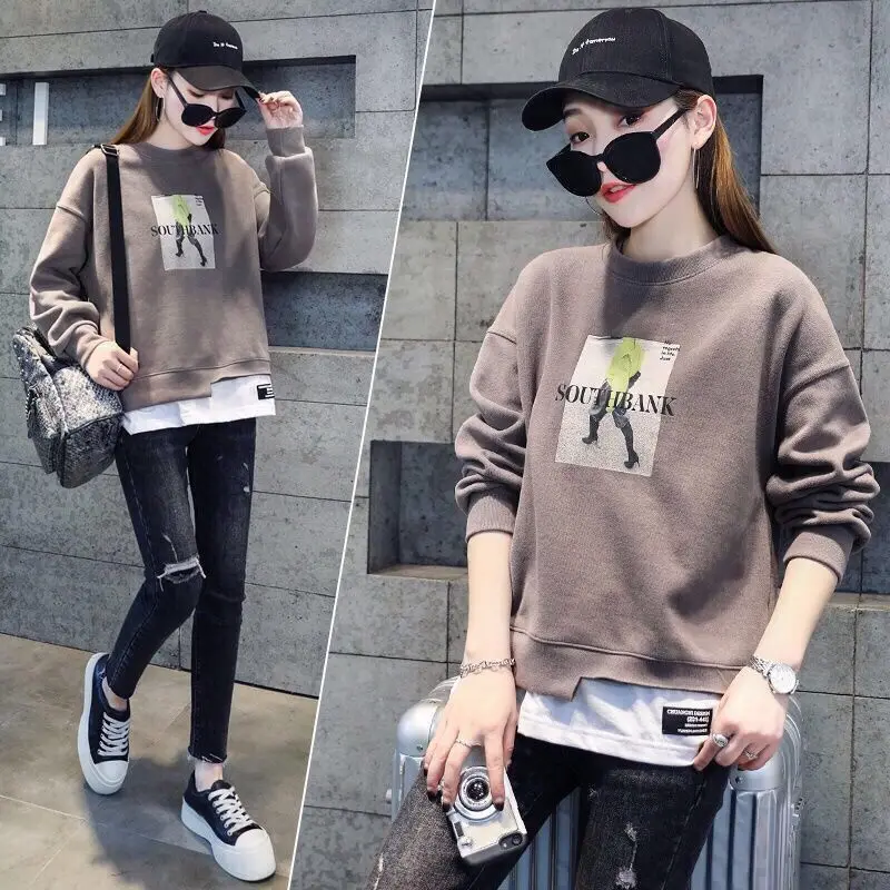 Women's O'Neck Sweater Loose Fashion Letter printing Sweatshirt Female Autumn False Two-Piece Stitching Long Sleeve Top M-2XL