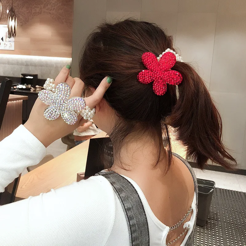 Full Rhinestone Flower Elastic Hair Bands Shiny Cute Pearl Beaded Bracelet Crystal Petal Rubber Bands Hair Accessories Wholesale