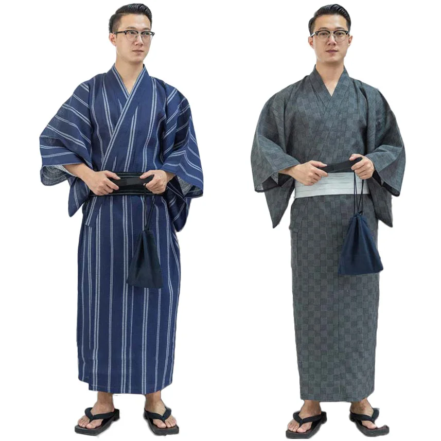 

Asian Traditional Japanese Costumes Men New Year Kimono Jinbei Sleepwear Spa Sauna Thin Cotton Yukata Long Bath Robe Gown