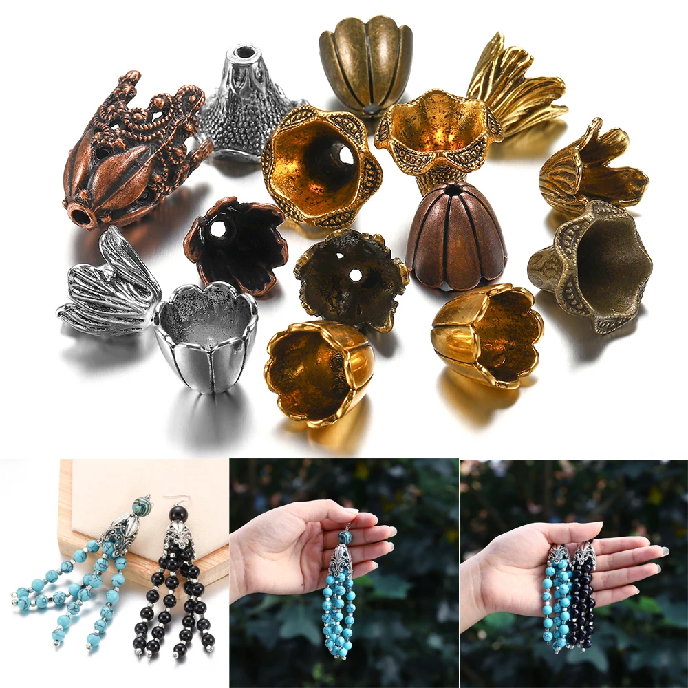 2 sztuk/partia Antique Bronze Hollow kwiat koralik zaślepki srebrny złoty Spacer Apart paciorek Cap dla DIY tworzenia biżuterii znalezienie akcesoria
