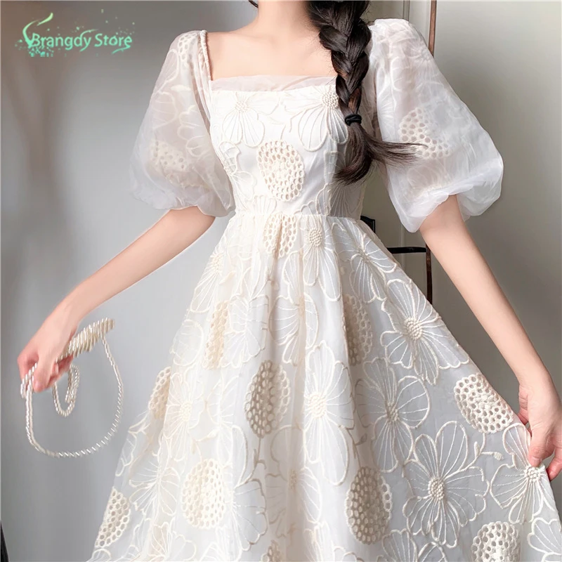 

Aesthetic New Retro Fairy Clothes Embroidery Harajuku Dress Chiffon Cottagecore Elegantes Summer Vintage Dress Fiesta