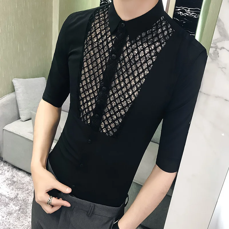 New Sexy Summer Lace See Through Social Club Party Shirt Men Slim Fit Wedding Prom Transparent Shirt Chemise Homme