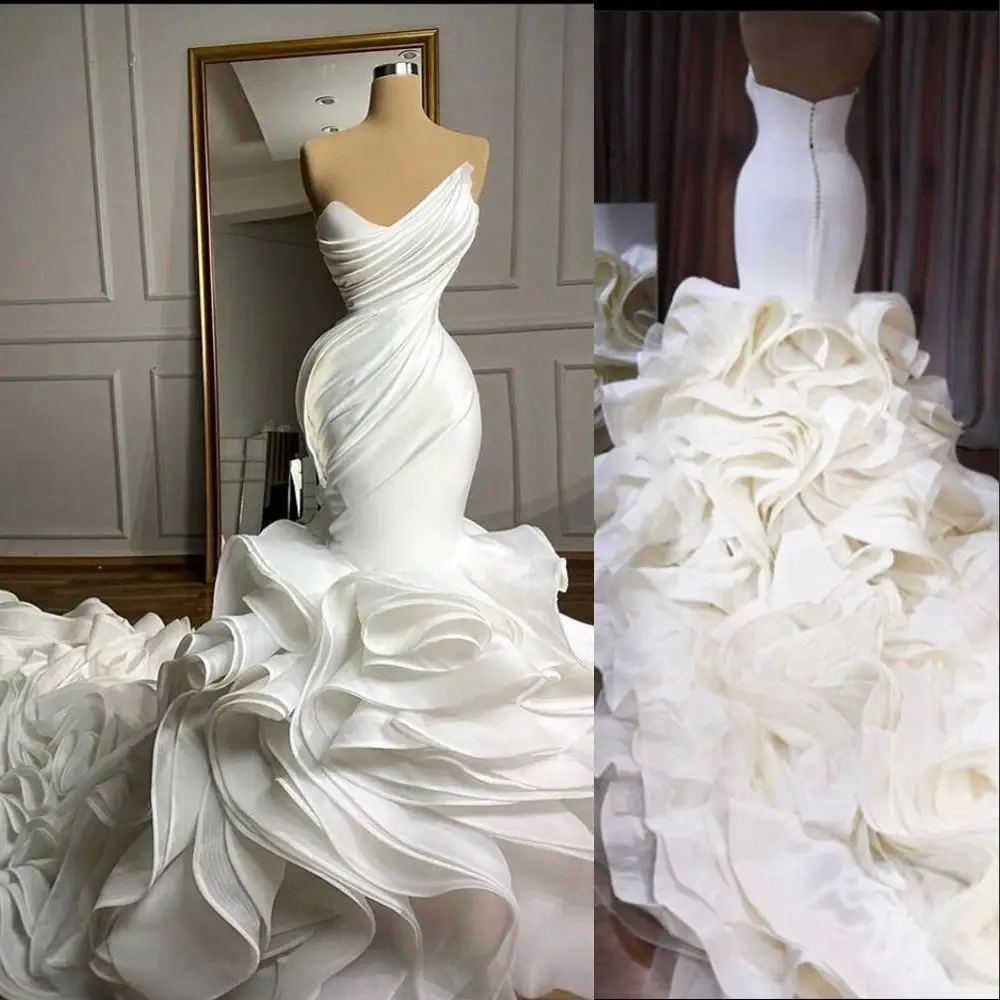 Nàng Tiên Cá Áo Cưới Người Yêu Pleat Xù Tầng Váy Organza Tùy Chỉnh Nhà Nguyện Đoàn Tàu Chính Thức Cô Dâu Đồ Bầu Đầm Vestido De Novia