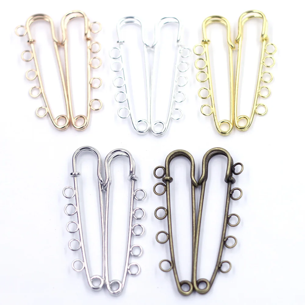 10Pcs Gold Silver Plated Safety Pin Brooches 5 Holes Connectors Finding For DIY Jewelry Making Craft Sewing Apparel Accessories