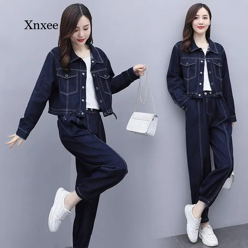 2021 Women's Spring and Autumn New Denim Suit Casual Loose Lapel Solid Color Shirt Belt Slim Jeans