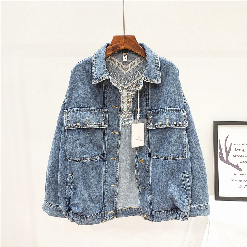 Handwork Rivet Tassel Embroidery Denim Jacket Women Outerwear Streetwear Loose Chaquetas Mujer Black Jeans Jacket Coats Female