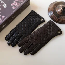 Imported High-End Women's Real Leather Gloves Thin Keep Warm Diamond Weave Sheepskin Gloves Spring Autumn EL037NN