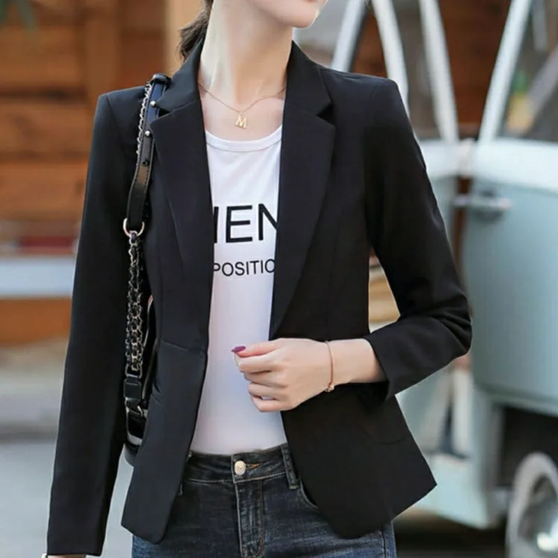 PEONFLY Women Blazer 2024 Formal Blazers Lady Office Single Button Pockets Jackets Coat Slim Black Women Blazer Femme Jackets