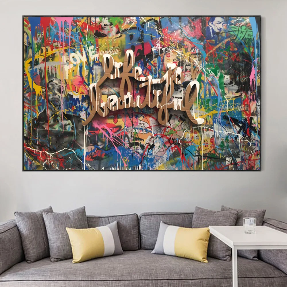 Life Is Beautiful Watercolour Graffiti Slogan Canvas Painting On Wall Art Poster And Prints Street Art Picture Home Decoration