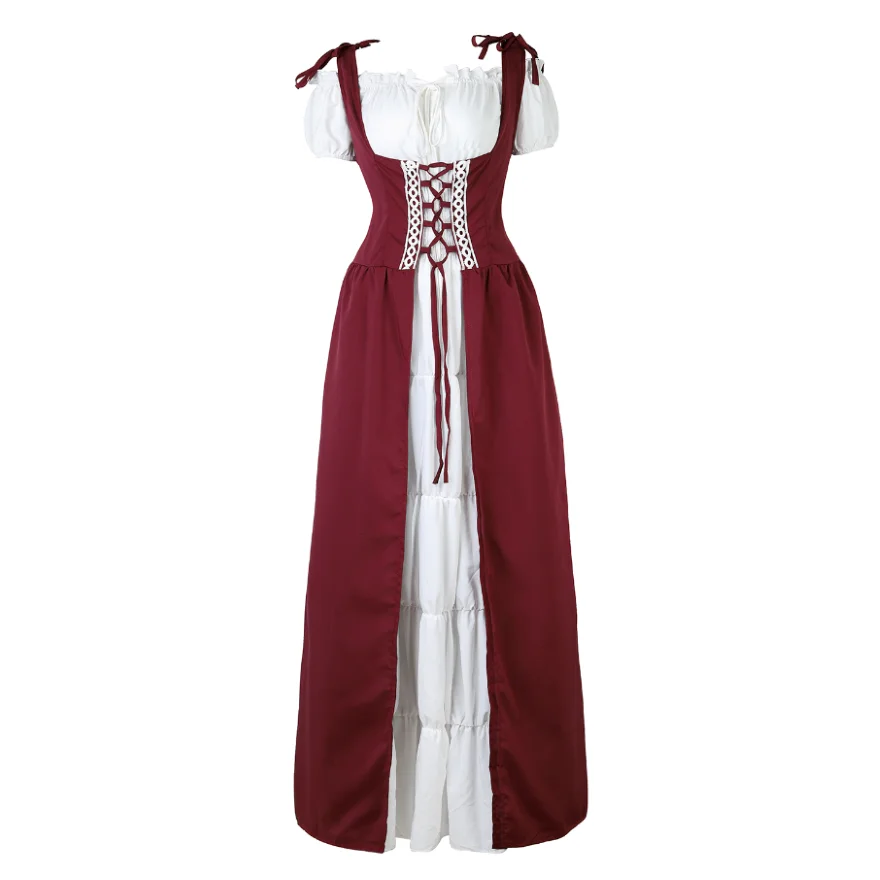 Women Renaissance Medieval Short Sleeves Long Dress Irish Vintage Patchwork Over Dress Retro Gown Cosplay Costume Plus Size