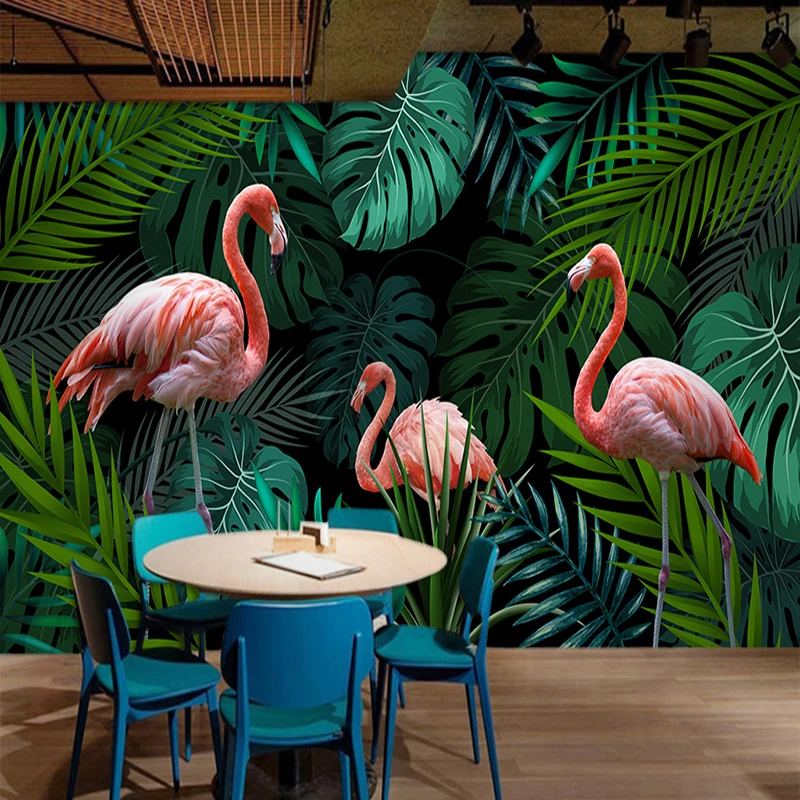 

Custom Photo Wall Paper Tropical Rain Forest Banana Leaf Flamingo Painting Green Mural Wallpaper Home Decor For Living Room Sofa